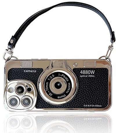 QoKcoahn Emily in Paris Phone Case für iPhone 15, Nette 3D-Vintage Kamera Handyhülle mit Lanyard Schultergurt Einzigartige Coole Silikon PC Hülle Mädchen Frauen für iPhone 15 Schwarz