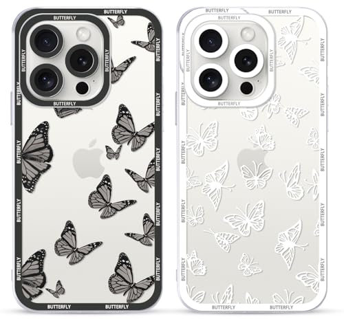 Yoedge 2 Pack Cute Transparent Print Suitable for iPhone 16 Pro Max 6.9 Inch Phone Case, Butterfly Pattern Aesthetic Shell Soft Silicone Shock-Absorbing Cover, Suitable for Women and Girls