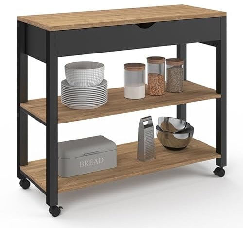 IDMarket - Desserte de cuisine PENH XXL avec tiroir et plan de travail noir plateaux façon hêtre L.100 CM