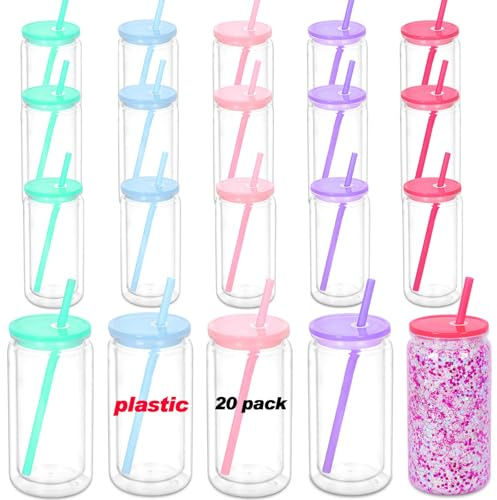 Maucircol 16 Oz Acrylic Snowglobe Tumbler, 20 Pack Pre-Drilled Double Wall Plastic Clear Cup for Glitter Snow Globe Diy, Double Wall Plastic Snowglobe Cup with Colorful Lid