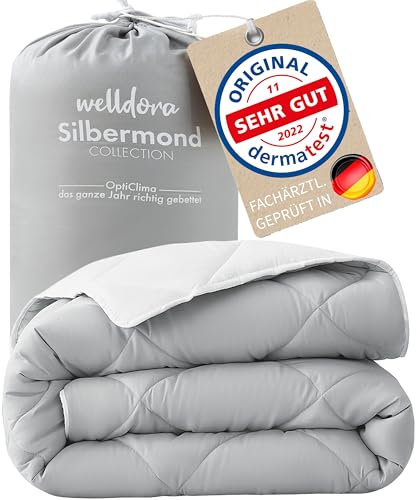 Welldora OPTICLIMA Allergiker Bettdecke 155x220 | Fachärztlich geprüft | Oeko-Tex Zertifiziert in Deutschland | Ganzjahresdecke für Sommer & Winter | Wendedecke Silbergrau-Weiß | Premium Steppdecke
