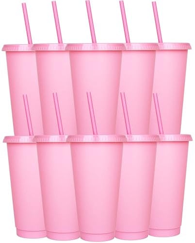 Yisituo 24 oz Reusable Plastic Cups, 10 Pack Cold Cups with Lid and Straw, Tumblers Travel Mugs for Adults and Kids Party and Beach, Pool Gatherings (10, Pink)