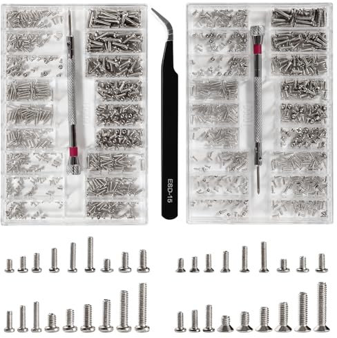 Lyeteung 1000 Pièces M1.2/M1.4/M2 Kit de Vis de Réparation Minuscule, Micro Vis de Réparation, Micro Visserie, avec Tournevis et Pince à Épiler, pour Lunettes, Ordinateur, Montres, Argent