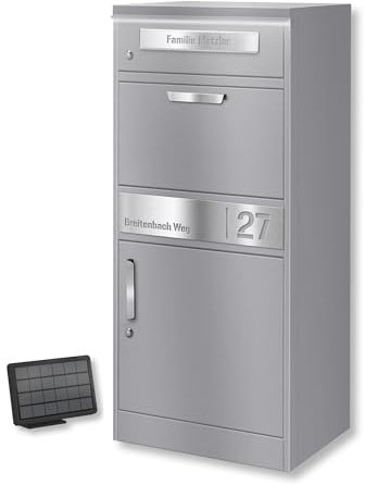 Metzler Briefkasten und Paketbox mit LED Beleuchtung rostfrei & massiv, paketbox draussen groß XXL, Standbriefkasten beleuchtet solar, Paketkasten in RAL 9007 Graualuminium mit Namensgravur, Bispo 2