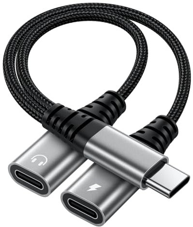 Dual USB C Headphone Jack Adapter, USB-C Splitter, 2 in 1 Dual Type C Audio+Charger Adapter with PD 60W Fast Charging Compatible with Samsung Galaxy, i-Pad, iPhone 15/16, and More TypeC Devices