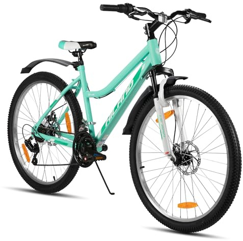 HILAND Mountain Bike Donna 26”, 18 Velocità, MTB con Telaio Step-Through e Forcella Ammortizzata, Bicicletta per Donna e Uomo Adulti, Verde/Rosa