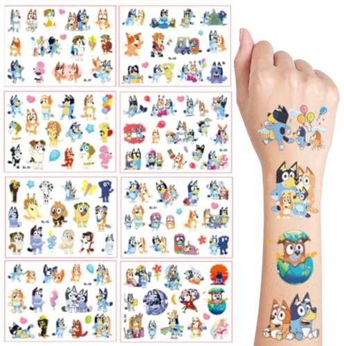Temporäre Tattoos Kinder, 8 Blätter Blue Tattoo für Kinder, Cartoon Kindertattoos Deko Kindergeburtstag, Geburtstag Party Geschenk Kleine, Hautfreundliche Temporäre