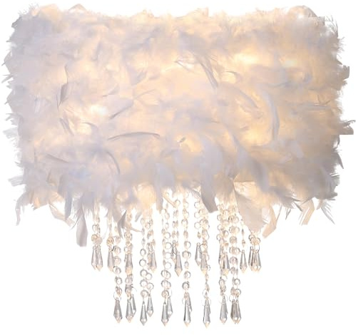 Feather Light Shade with Acrylic Beads Droplets, Universal Fit Lampshade for Ceiling Pendant, Table, Floor & Wall Lighting, Girl Bedroom Decor, ID 30cm, OD 40cm, White