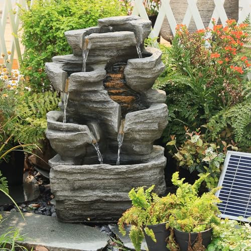 Bumilgar 62CM Solar Water Fountain Outdoor, 6-Tier Cascading Rock Feature Garden Fountains and Waterfalls with Light, Pump, Solar Panel for The Patio, Deck, Porch, Backyard Home Décor, Stone Gray