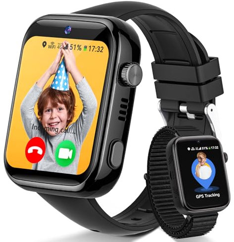 Fitnynxos 4G Reloj Inteligente Niño, Smartwatch Niños con GPS y Llamadas, Videollamada, Localizador, SOS, Modo Clase, Chat, SMS, Whatsapp, WiFi, IP68 Impermeable, SIM, Podómetro, Regalo Niña, Negro