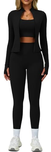 3-teiliges Trainingssatz für Damen, Sport BH, Leggings und Jacke mit Daumenlöchern, Yoga Outfit, Activewear für Gym, Laufen, Training