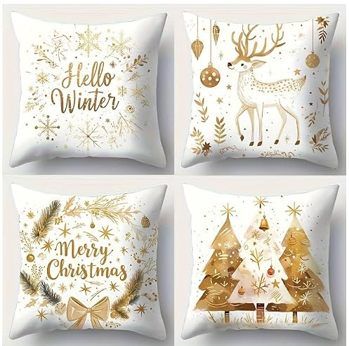BUOAZR 4er Set Weihnachten Kissenbezüge, Leinen Dekorative Zierkissenbezüge, Weihnachten Kissenhülle, Weihnachtskissenbezug für Weihnachtsdeko Christmas Bettwäsche Sofa Decorations(45x45 cm, Golden)