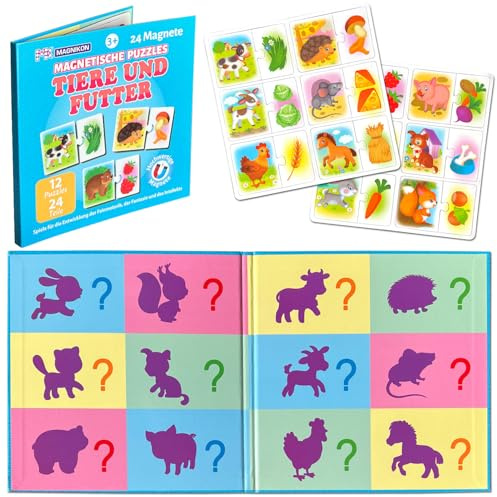 MAGNIKON Puzzle für Kinder Tiere und Futter, Magnetpuzzle, 24 Magnete | 2 Teile, Magnetisches Puzzle, Kinderpuzzle, Lernspiel, Kinder Beschäftigung für Autofahrt, Spiele für Unterwegs, Baby Puzzle
