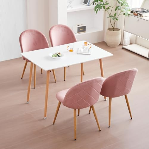 JZGORC Esstisch mit 4 Stühlen, Esszimmer-Set, 110 x 70 x 75 cm, rechteckiger Esstisch aus Holz, 4 Samtstühle mit hoher Rückenlehne, Rosa + Weiß