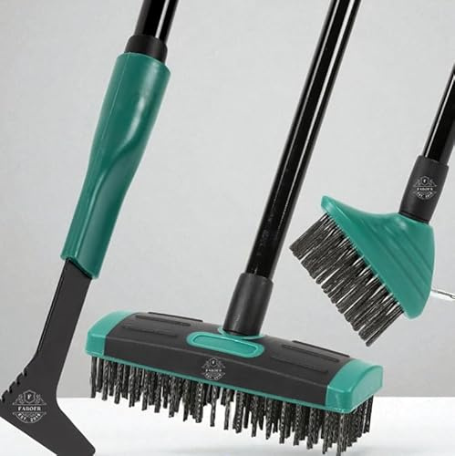 Faboer 4 in 1 Telescopic Weed Remover Brush Wire Head Paving Decking Clean Scrub Moss Weed Remover Tool Wire Brush Scraper Set with Metal Broom & Weed Removal Head Green