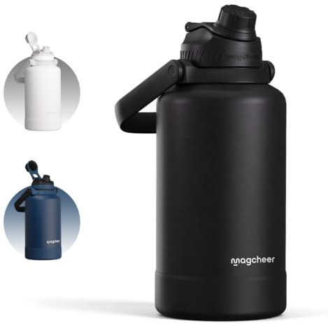 Magcheer 2L Insulated Stainless Steel Water Bottle with Handle（Black） | Double-Walled Vacuum, Cold 24h,Wide Mouth,Protective Sleeve,BPA-Free, Leakproof, Dishwasher-Safe,for Gym, Outdoor, Sports