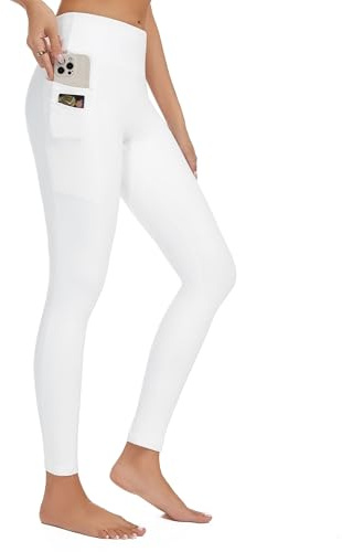 adorence Sport Leggings Damen mit 5 Taschen, Sportleggins Damen Lang, Blickdichte Leggings, High Waist Yogahose Sporthose Laufhose -Weiß,XS