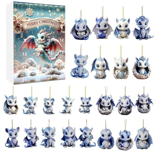 Drachen Adventskalender 2025,2D Flacher Weihnachts Adventskalender Drachen aus Acryl,24-Tage Weihnachts Countdown Kalender,Drachen Hängeornamente für Christbaumschmuck (A)