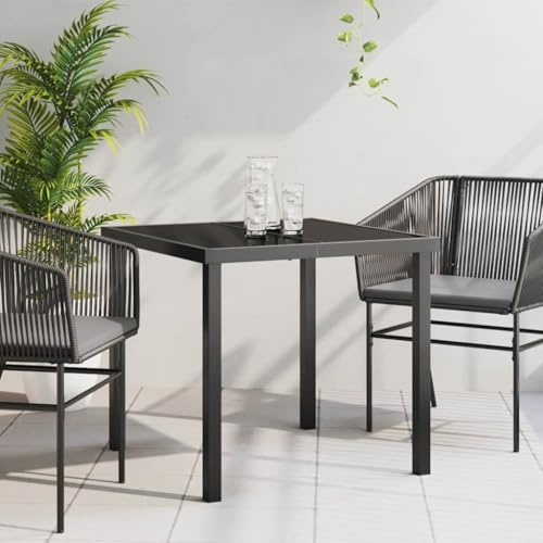 QUAHEAS Gartentisch Schwarz 80x80x73cm, Massivholz Teak, Gehärtete Glasplatte, Moderner Outdoor Esstisch, Langlebiger Terrassentisch für Garten & Balkon