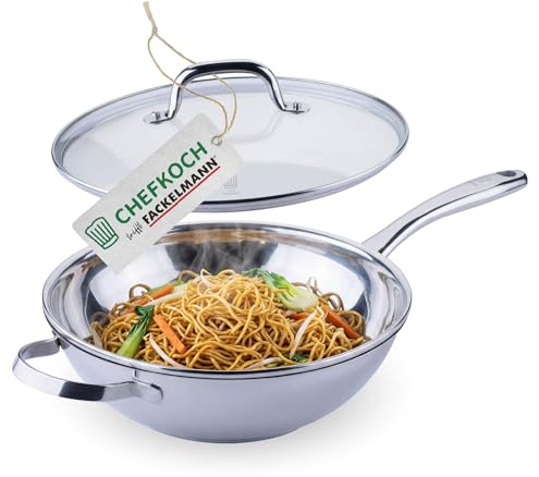 FACKELMANN Chefkoch trifft Wok Rosenheim – Ø28 cm, Glasdeckel inkl. Dampföffnung und Aluminiumkern, Aus Edelstahl mit hitzebeständigem Gussgriff, für alle Herdarten, Spülmaschinengeeignet