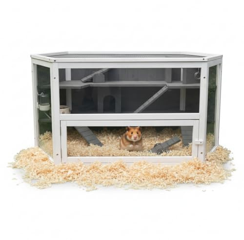 Mucola 6-Eck Kleintierstall aus Holz mit 3 Ebenen & Plexiglasfront – Kleintierkäfig für Hamster, Mäuse, Ratten – Innengehege mit Häuschen, Treppen & Deckel