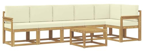 vidaXL Outdoor-Sofagarnitur mit Kissen 7 pcs Weiß und Creme Polyester, Modernes Garten-Sofa Set, wetterfestes Möbel, Sektional für die Terrasse, Akazienholz, Entspannung im Freien