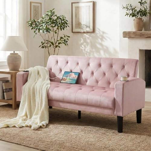 GRAVFORCE Sofa 2 Sitzer Couch mit 2 Ladeports (1, Rosa, Sofa) | 151cm 2er Sofa Klein mit Becherhaltern, Moderne Couch für Jugendzimmer, Wohnzimmer, Wohnung, Büro, Einfache Montage