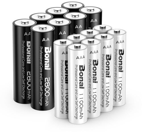 BONAI Rechargeable Batteries Bundle, 8-Pack AA (2800mAh) and 8-Pack AAA (1100mAh) Ni-MH Batteries