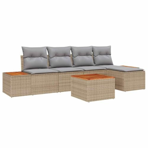Foknhdi Beige Gartensofa Set 6-TLG aus Poly Rattan modular wetterfest 515 kg Belastbarkeit UV-Licht beständig für Terrasse Balkon Kleiner Garten