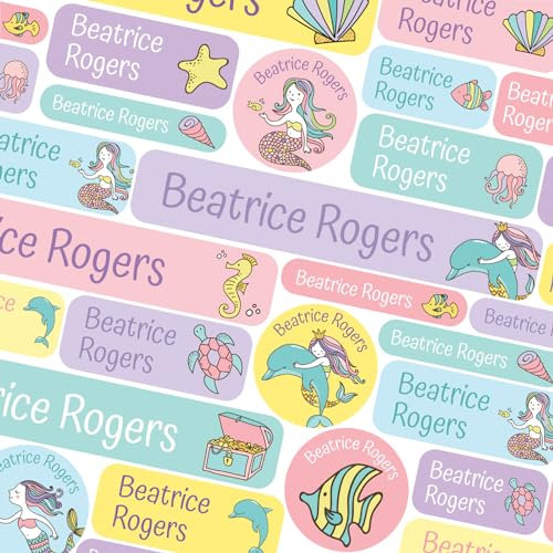 123 Name Labels for Kids No Iron Name Tags for Clothes Name Stickers for Water Bottles, School Uniform, School, Nursery, Care Homes, Washable and Dishwasher Safe for Children (Mermaids)