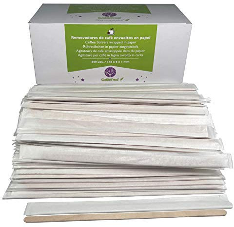 500 palettine di Legno confezionate singolarmente in Carta da 17,8 cm. Bastoncini di caffè USA e Getta, Agitatore per caffè biodegradabili. Palette per caffè.