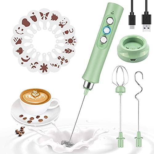 MEETOZ Milchaufschäumer, leiser Handaufschäumer, USB-wiederaufladbar, 3 Geschwindigkeiten für Cappuccino, Lattes, Eiermischung, heiße Schokolade, 3 Edelstahl-Schneebesen (16 Kunstschablonen) (grün)
