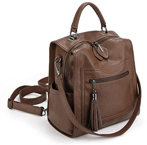 UTO Damen Rucksack Quadrat Kunstleder großer Reißverschluss Umhängetasche konvertibeler Tagesrucksack Handtasche für Schaufensterbummel Reise Schule Braun