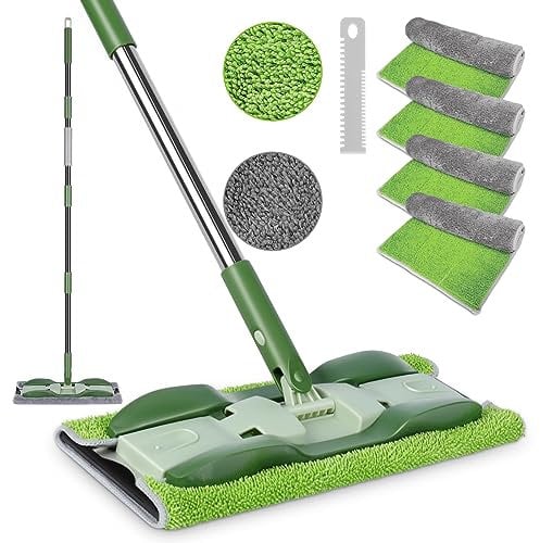 MASTERTOP Floor Mops for Laminate Tile Hardwood Floor Cleaning, Professional Microfibre Mop with Stainless Steel Long Handle & 4 Reusable Mop Pads, Flat Wet Dry Dust Mop, Send 1 Cleaning Scrubber