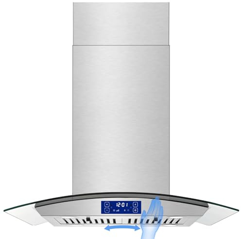 JOEAONZ Island Range Hood 30 Inch 700 CFM Gesture & Touch Control Ceiling Mount Stainless Steel Kitchen Vent Hood, Kitchen Exhaust Hood, Ducted/Ductless Convertible 3-speed Ventilation Fan Switchable