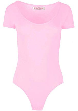 Womens Cap Short Sleeve Plain Round Neck Stretch Leotard Bodysuit Uk 8-26 (Baby Pink, 8-10)