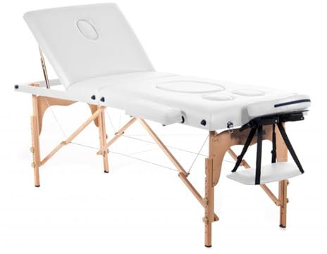 QUIRUMED Table de Massage Grossesse Pliable, 194 x 70 cm, Blanc, Bois, Simili-Cuir, Trou pour barrière, Trou du Visage, tête Amovible, jusqu'à 150 kg