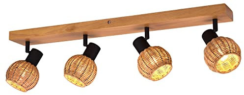 meineWunschleuchte Deckenstrahler 4-flammig Holzlampe mit Rattan Schirmen in Natur