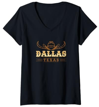 Damen Dallas Texas USA Western Rodeo Ranch Cowboyhut Rinder T-Shirt mit V-Ausschnitt