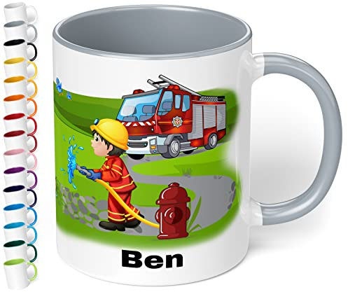 Tasse mit Namen für Kinder Feuerwehrmann – Kindertasse personalisiert – Feuerwehr Kinderbecher Trinkbecher für Jungen und Mädchen - rundum bedruckt – Geschenk zu Weihnachten, Geburtstag (Grau)