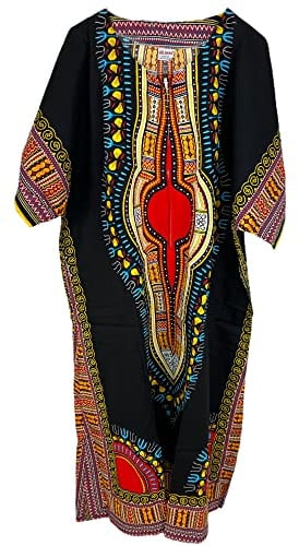 Dam 100 % bomull lång kaftan klänning sommar dashiki afrikanskt tryck en storlek lös baggy stil strandöverdrag, Svart, en storlek