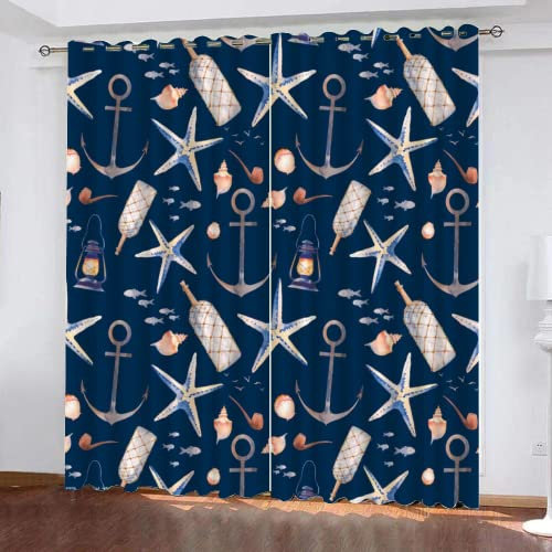 HABEAT 3D Anker Vorhang Abdunkelnde Seestern Muschel Polyester Vorhänge mit ösen 2er Set Gardinen Blickdicht Verdunkelungs Geräuschreduzierung für Schlafzimmer Wohnzimmer B 220 X H 215 cm