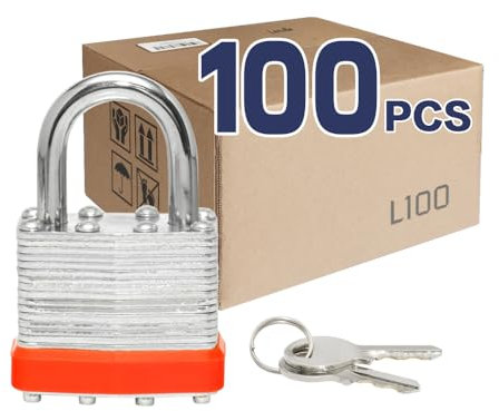 LanuBe Laminiertes Vorhängeschloss mit Schlüssel, 40 mm, gleichschließend, normaler Bügel, markierter orangefarbener Kunststoffreifen, 100 Stück