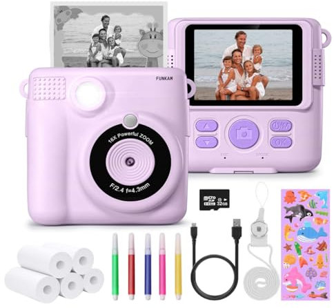FUNKAM Sofortbildkamera für Kinder, 6,1 cm (2,4 Zoll), HD 1080P, mit 32 GB SD-Karte, 5 Markern, Aufklebern, 5 Papierrollen, Umhängeband. Kamera für Jungen und Mädchen von 3 bis 14 Jahren