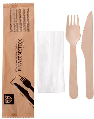 GRÄWE Juego de 25 cubiertos desechables para fiestas, tenedores de madera, cuchillos de madera, servilletas, cubiertos de madera, respetuosos con el medio ambiente, biodegradables