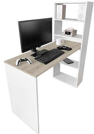 Homey - Mesa de Escritorio con Estantería, Mesas para Ordenador, Acabado en Blanco-Cambria, Práctica y Funcional, Medidas: 122 cm (Ancho) x 53,2 cm (Fondo) x 140 cm (Alto)