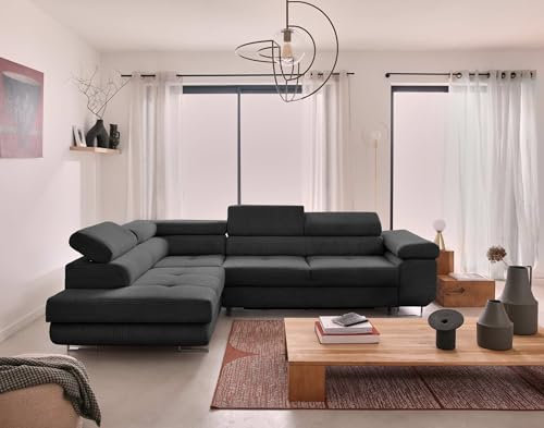 Bestmobilier Zaria – Ecksofa Links – mit Schlaffunktion und Bettkasten sowie verstellbaren Kopfstützen – 5-Sitzer – aus Cord Dunkelgrau