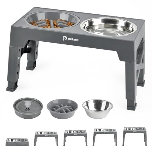 Petace Gamelles Chiens Surélevées de 5 Hauteurs Ajustables, Support Surélevé avec 1 Gamelle Anti-Glouton et 1 Gamelles Inox et 1 Gamelle Anti-Éclaboussure pour Chien de Taille Moyenne et Grande, Grise
