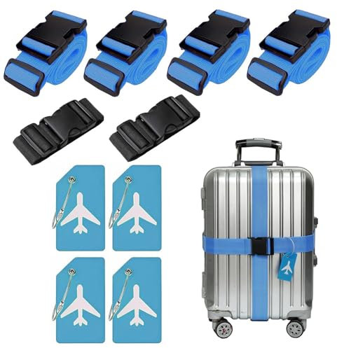 4 Stück Koffergurt & 4 Stück Kofferanhänger & 2 Stück Fügen Sie Eine Tasche Gepäckgurte Hinzu, Kofferband Gurt, Einstellbare Kofferbänder, Auffällig Luggage Strap für Koffer (Hellblau)