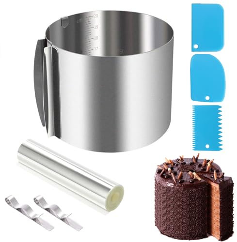 Cercle à Patisserie Reglable Ø 16-30cm,Hauteur 20cm,avec Collier à Gâteau Transparent 5m,Cercle à Gâteau Extensible en Acier Inoxydable,Cercle Gateau Extensible pour Mousse Tartes Dessert Fraisier